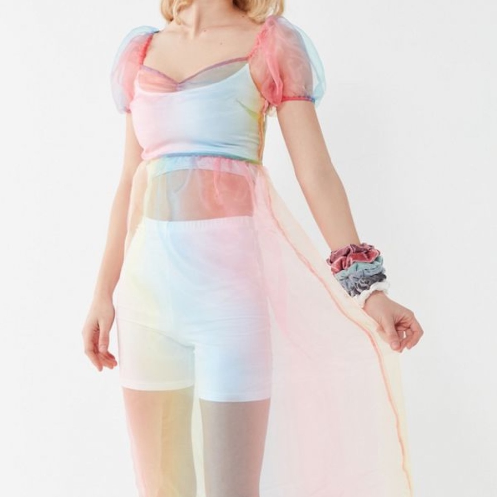 Rainbow Organza Puff Sleeve Midi Dress NWT